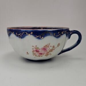 Antique Japanese Geisha Girl Cup Hand Painted Cobalt Blue Floral Gold Moriage